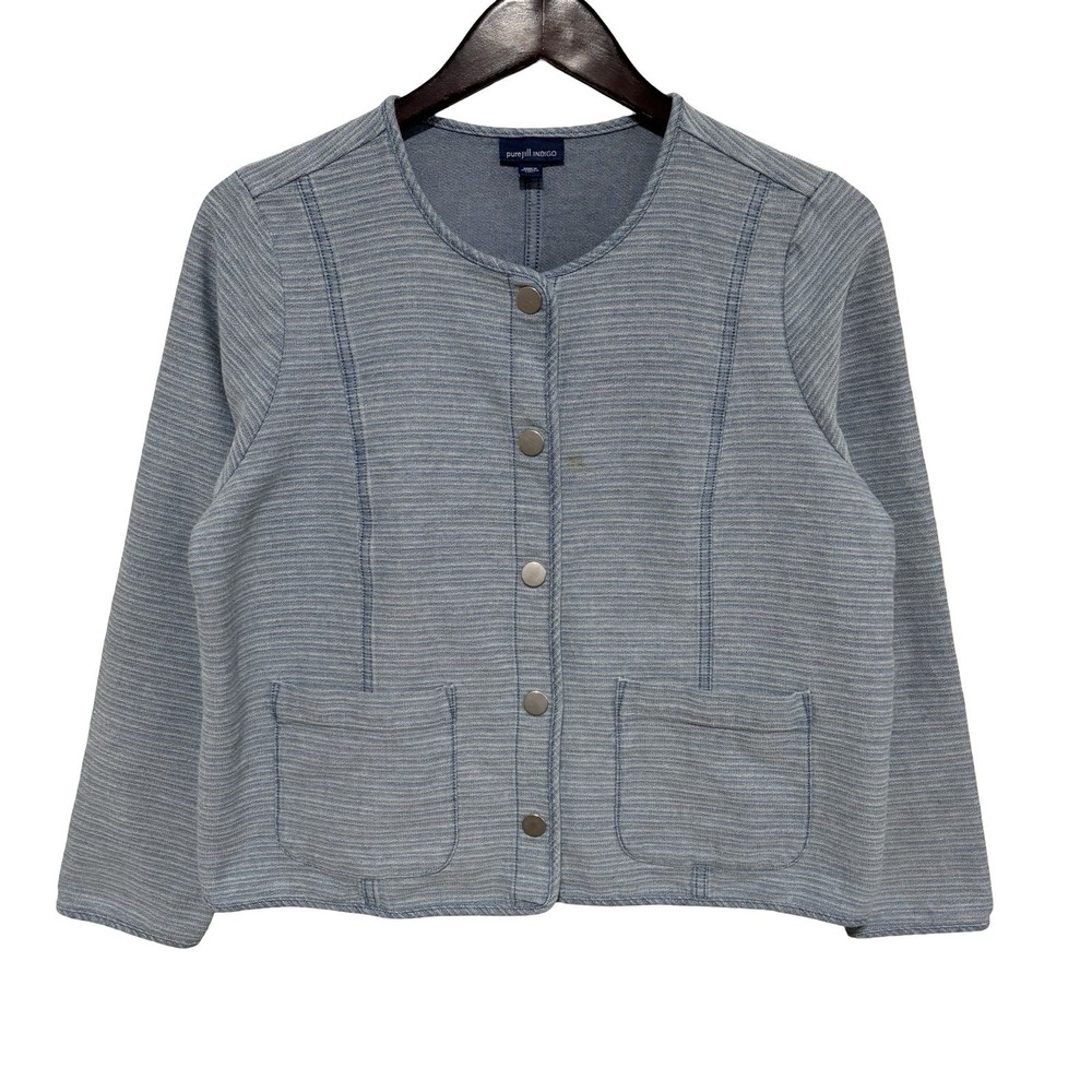 Pure Jill Indigo Women's Button Front Coat Striped Blue Size Medium 21 x 22